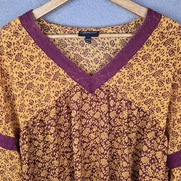 Lane Bryant Plus Boho Floral Blouse 18/20 Burgundy Mustard Yellow Trendy Flowy - Picture 5 of 10